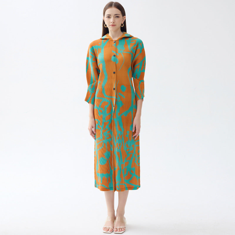 Casual Printed Shawl Women's Autumn Long-Sleeved Single-Breasted Skirt with Hat Dress Women