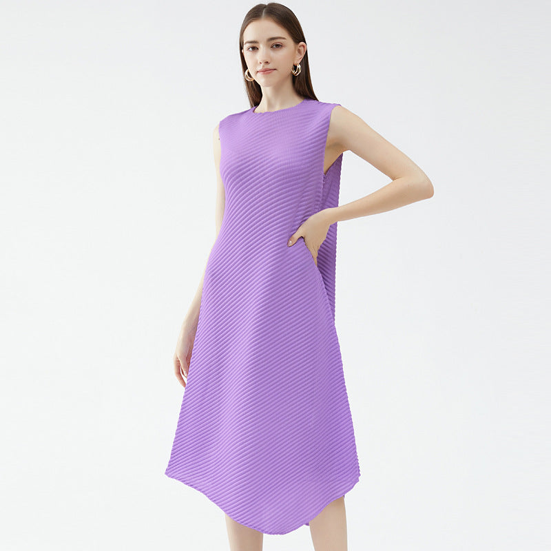 Casual Style Solid Color Asymmetric Skirt round Neck Slim Fit Scale Pleated Dress Women