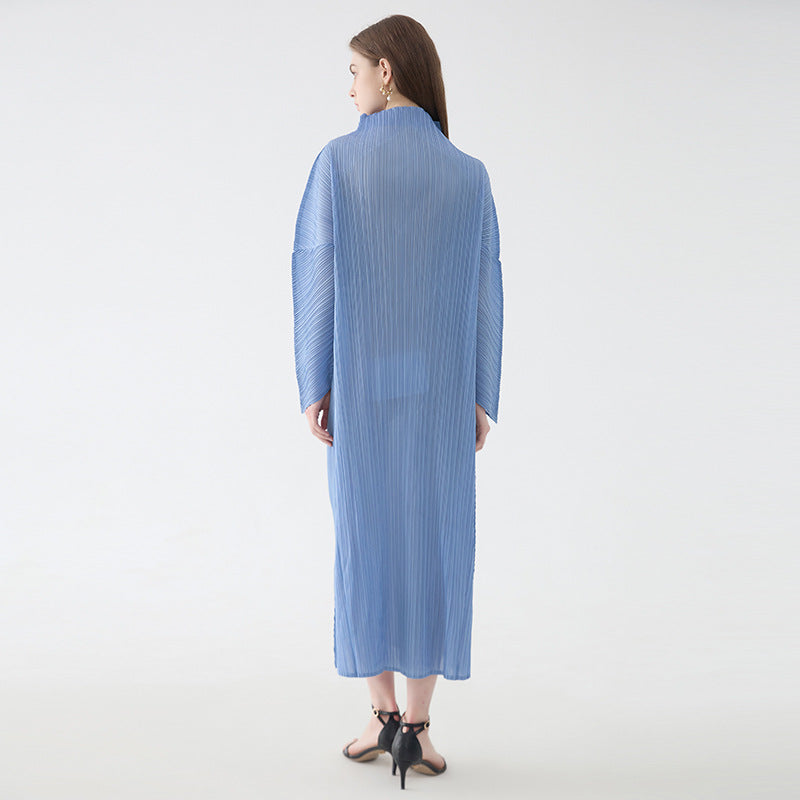 Graceful Collar Folding Sleeve Solid Color Dress Women's Mid-Length Simple Loose Pleated A- line Skirt