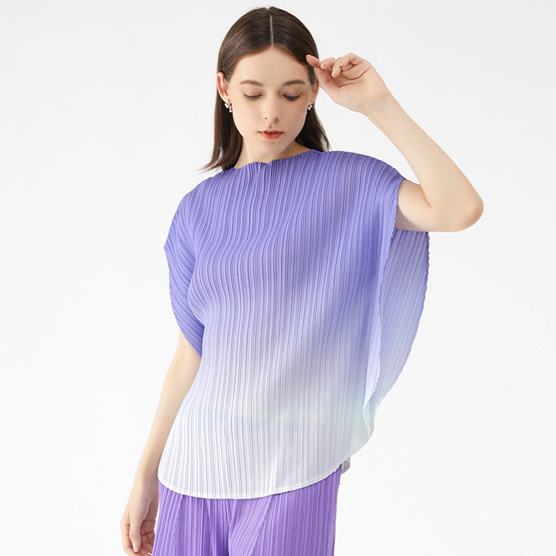 Gradient Color Short-Sleeved T-shirt Women's Simple Style Small Loose All-Match round Neck Pleated Top