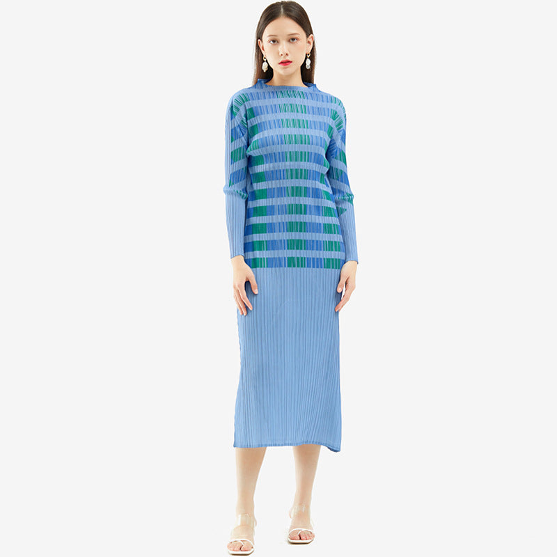 Pleated Elegant Slim Half Collar Dress Long Sleeve Straight Slimming Midi Dress Women