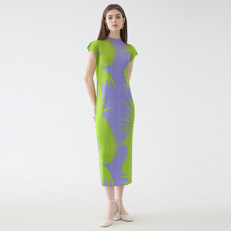 Printed Sleeveless Half Collar Dress Women's Mid-Length Simple Slim Fit Bottoming Skirt