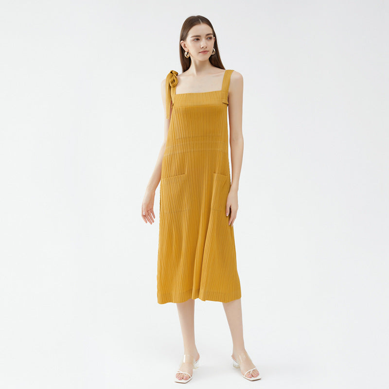 Mid-Length Solid Color Pocket Spaghetti Straps Sleeveless Dress Women's Loose Shoulder Strap A- line Skirt Women