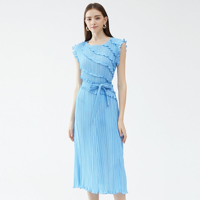 Casual Style Casual Draped Dress round Neck Wooden Ear Patchwork Skirt Sleeveless Solid Color Dress Women