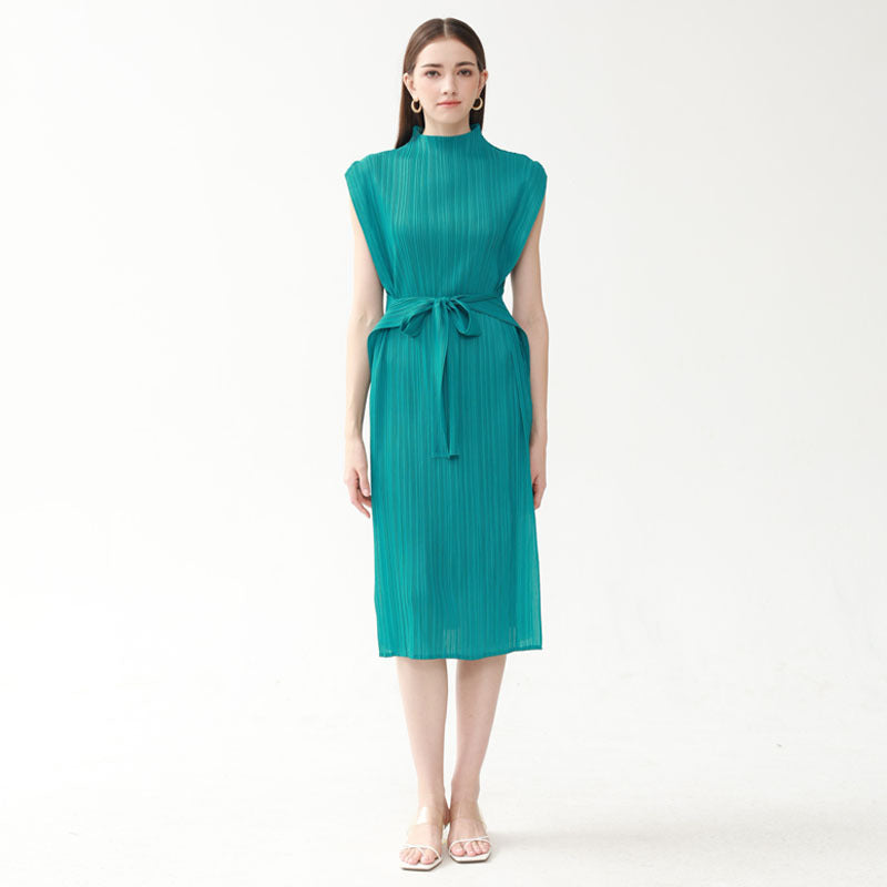 Dress Women's Casual Pleated Slim-Fit round Neck Mid-Length Sleeveless Versatile A- line Skirt