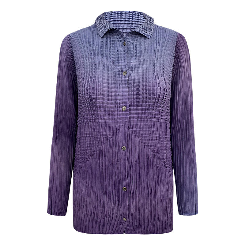 Pleated Gradient Long Sleeve Striped Lapel Cardigan Single-Breasted Casual Women's Shirt