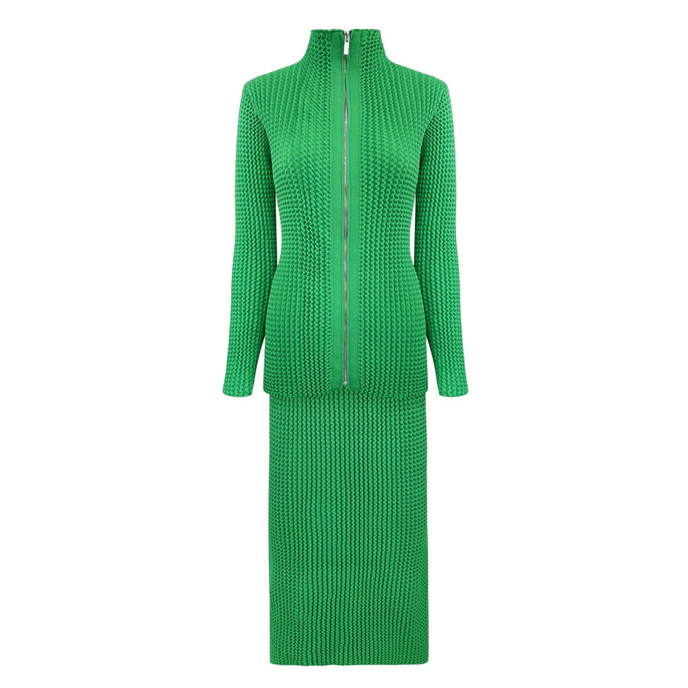 Long Sleeve Stand-up Collar Slim Fit Zipper Woolen Top Thickened Skirt Wave Pleated Two-Piece Suit Women