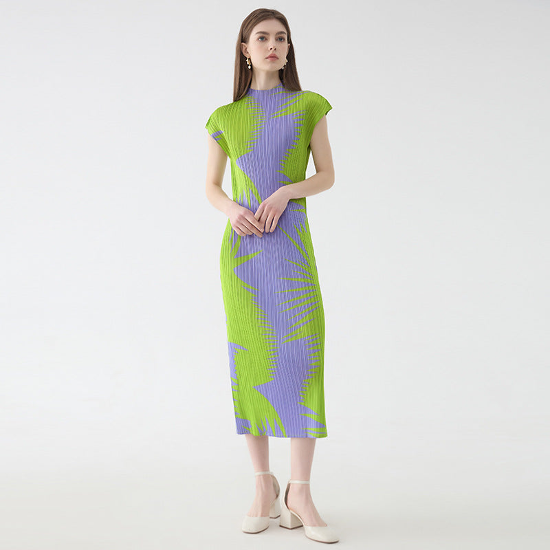 Printed Sleeveless Half Collar Dress Women's Mid-Length Simple Slim Fit Bottoming Skirt