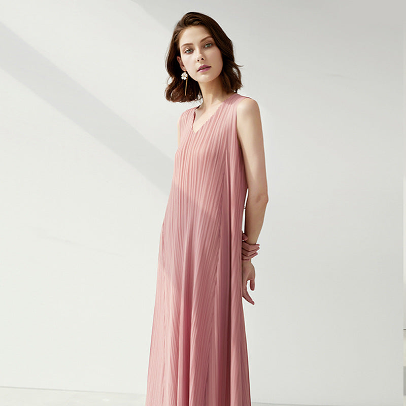 Dress Summer Women's Large Swing Waist-Controlled Lace-up Dress Elegant V-neck Sleeveless Skirt