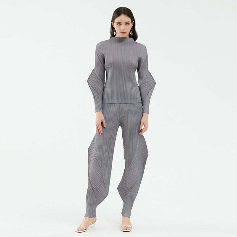 Elegant All-Match Suit Solid Color Design Blouse Casual Trousers Two-Piece Set