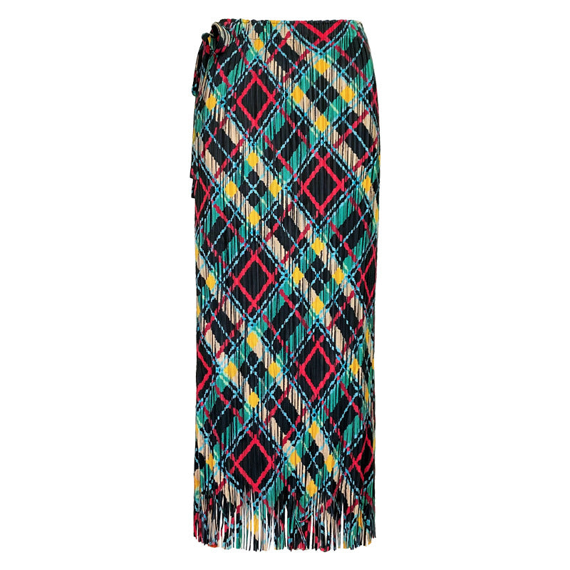 Casual Rhombus Suit Design Blouse Tassel A- line Skirt Women's Two-Piece Set