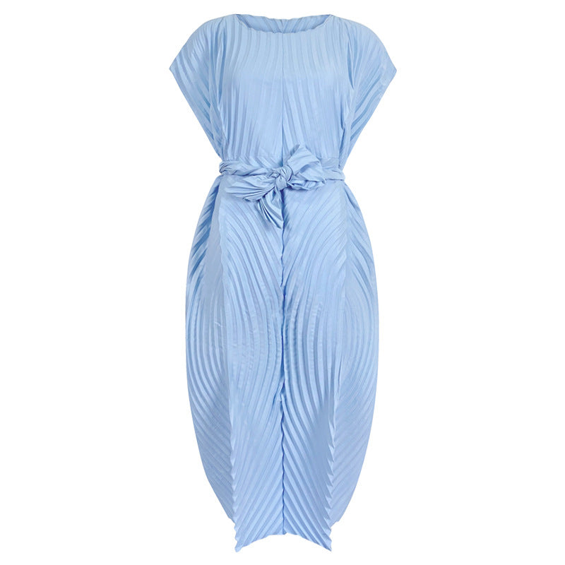 Dress Women's Slim Handmade Pleated round Neck Solid Color Pleated Skirt