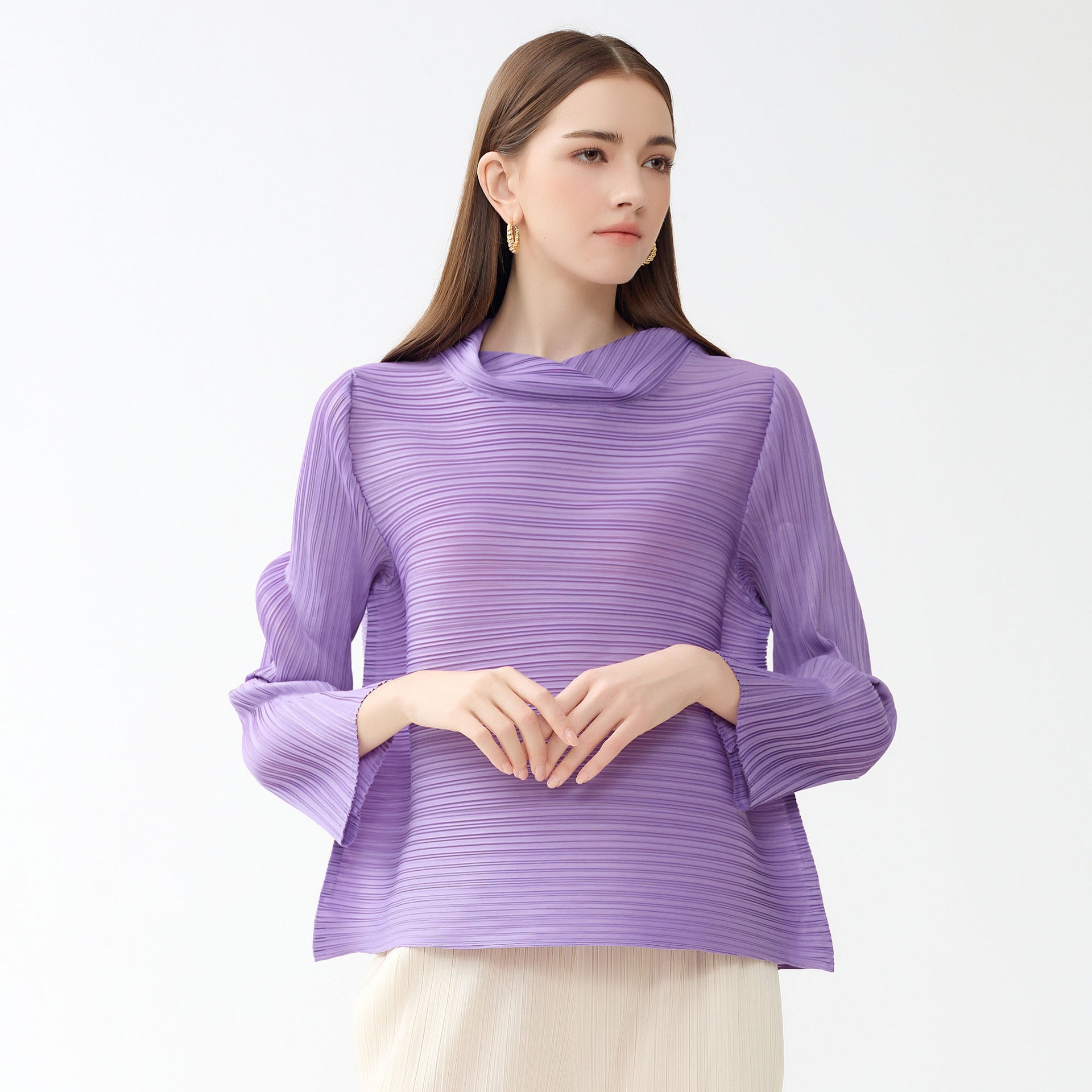 Long Sleeve A- line Scarf Collar Slim-Fit Solid Color plus Size T-shirt