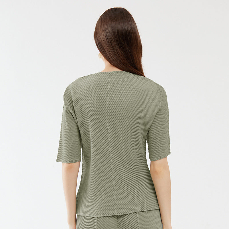 Main Line Scale Pleated Solid Color T-shirt Niche Half Sleeve round Neck Top for Women