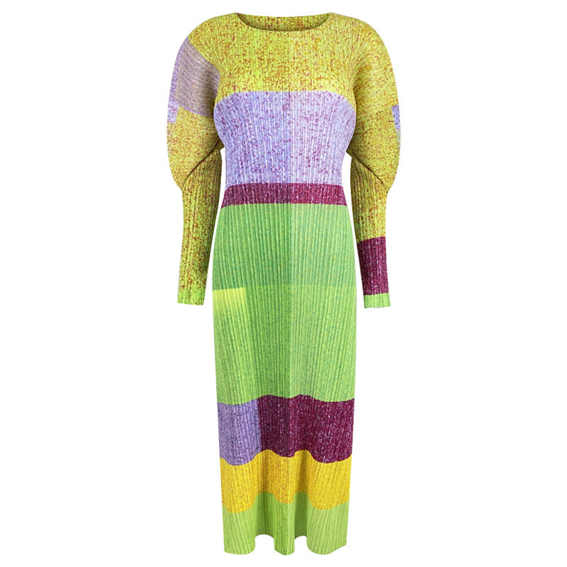 Printed Long Dress Niche Contrast Colors Slimming Long Sleeve Dress Women