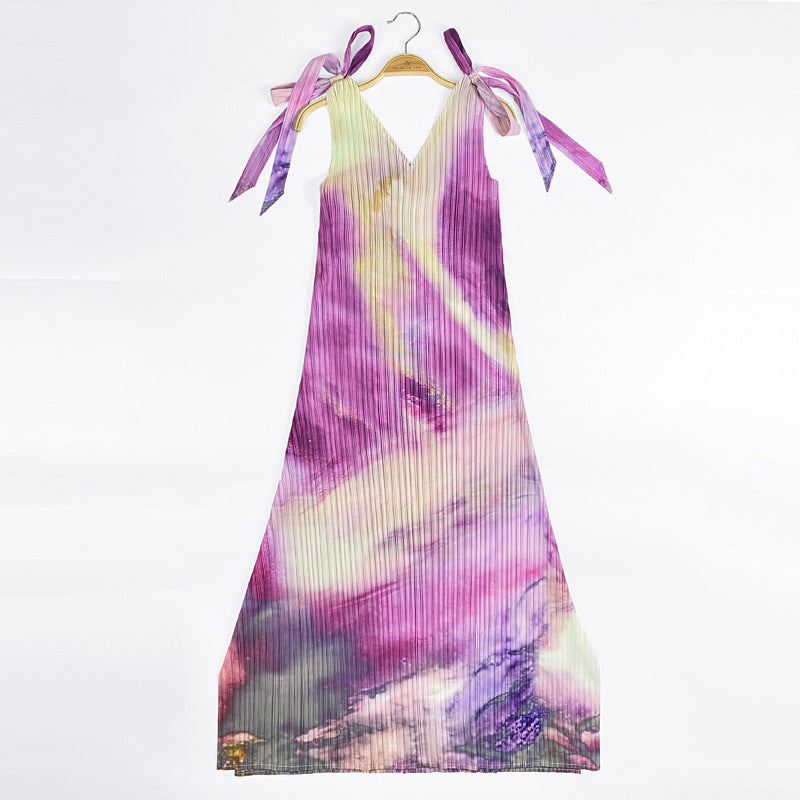 Casual Style Casual V-neck A- line Skirt Ink Painting Printed Lace up Dress Women