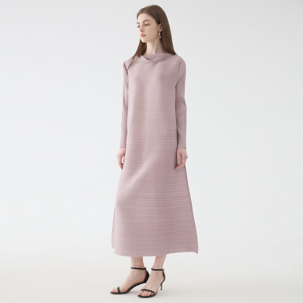 Scarf Collar Dress Women's Loose Long Sleeve Solid Color A- line Midi Dress