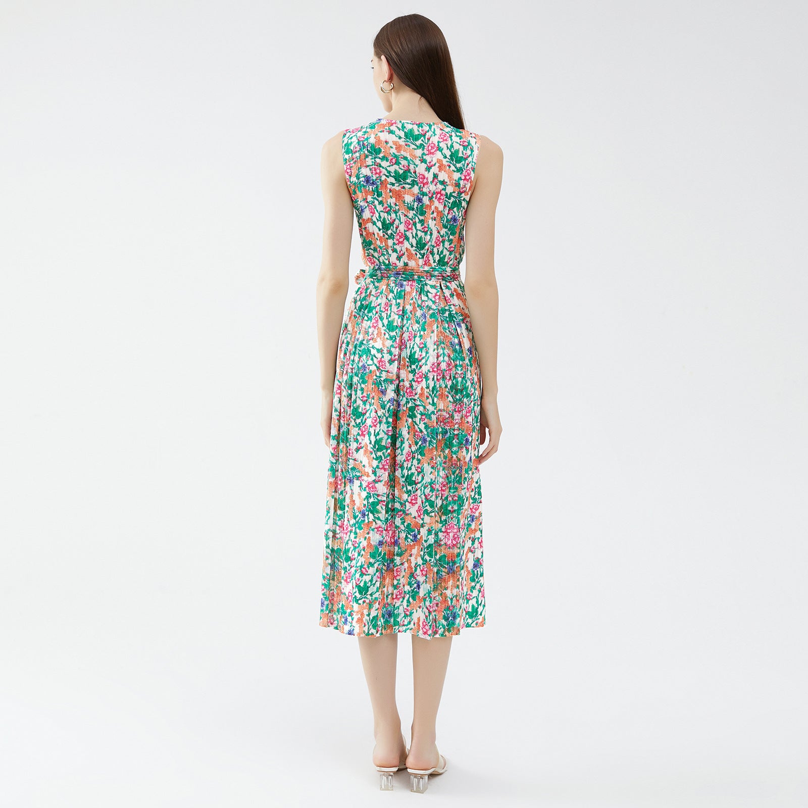 Floral Pleated Dress Waist Lace-up Sleeveless A- line Midi Dress V-neck Stitching