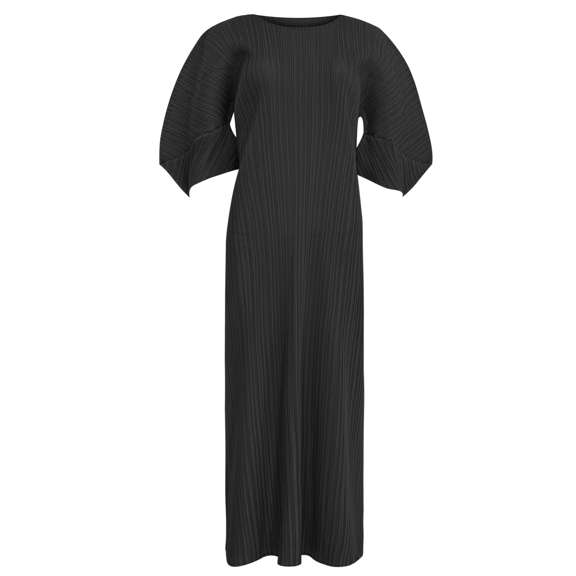 Folding Sleeve Dress Grade Solid Color Casual round Neck Mid-Length Slim Fit A- line Dress Women