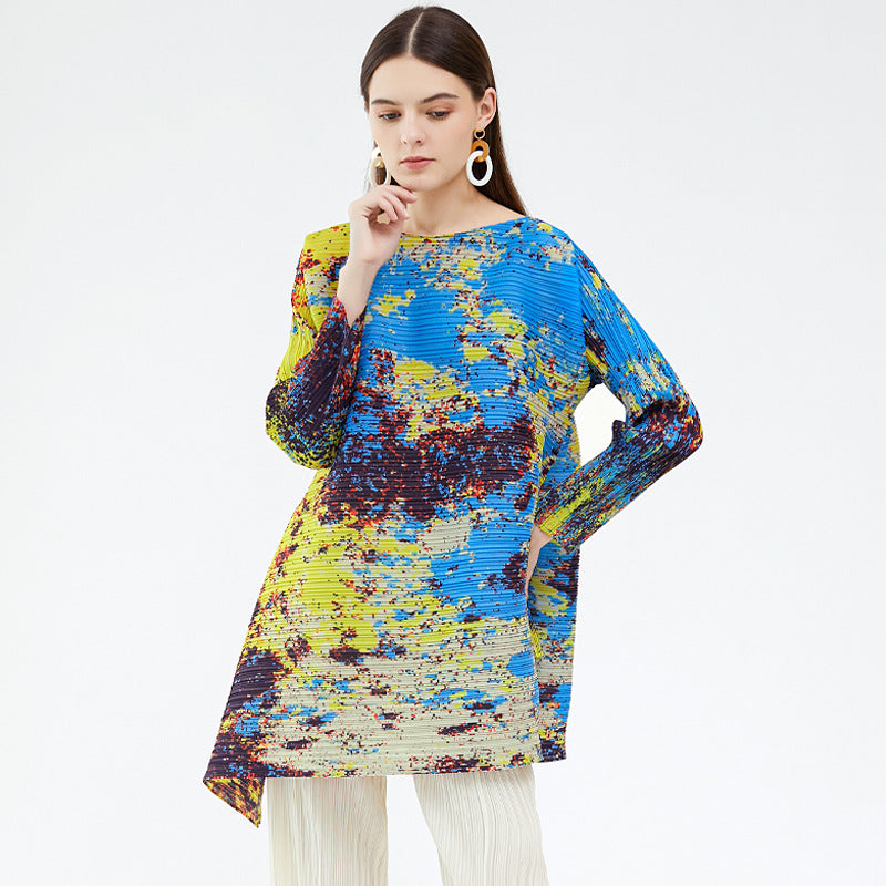 Irregular Contrast Color Long Sleeves Casual Niche Top Women's Starry Sky Printed T-shirt