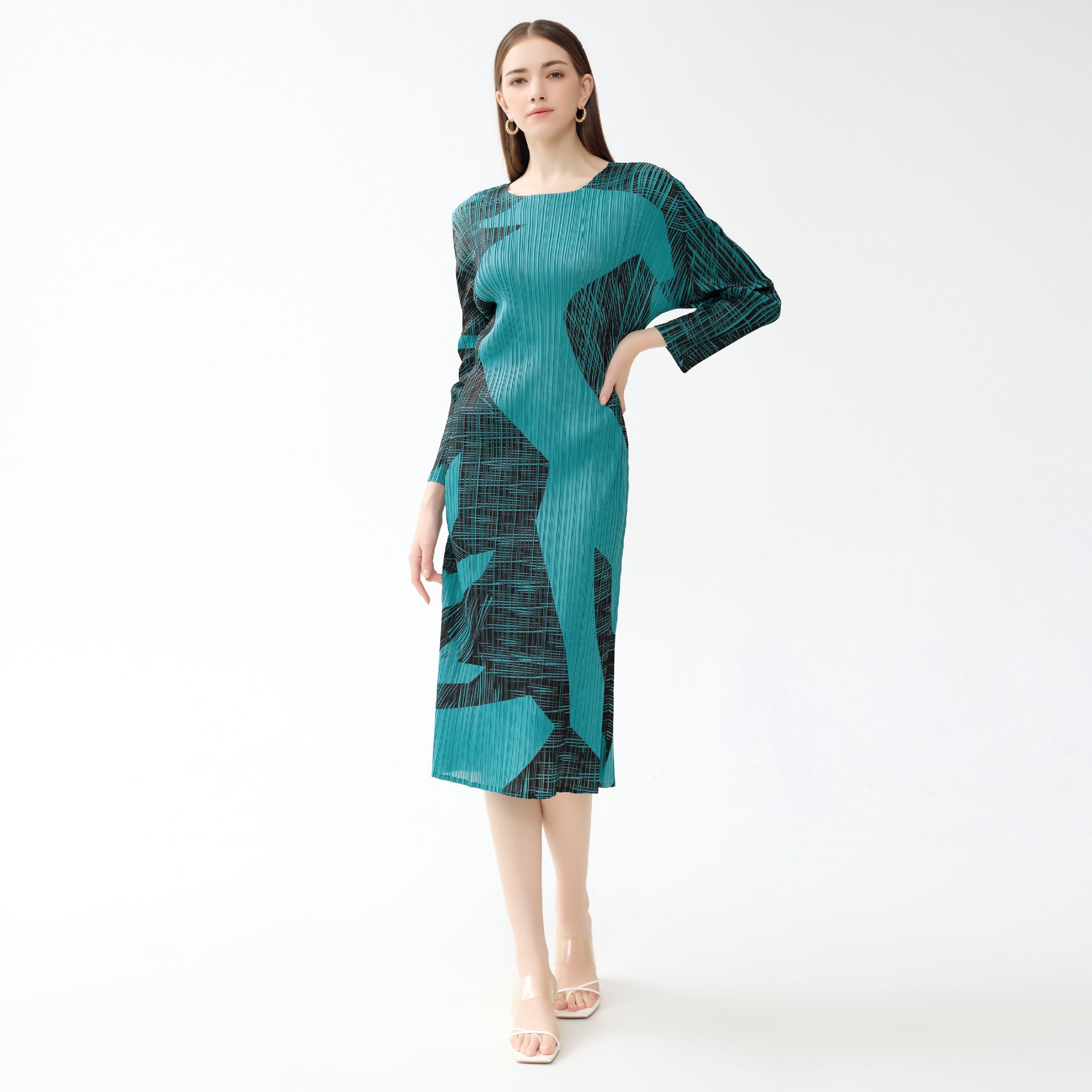 Gentle Printed Dress Women's round Neck Contrast Color Slim-Fit Long-Sleeved A- line Skirt