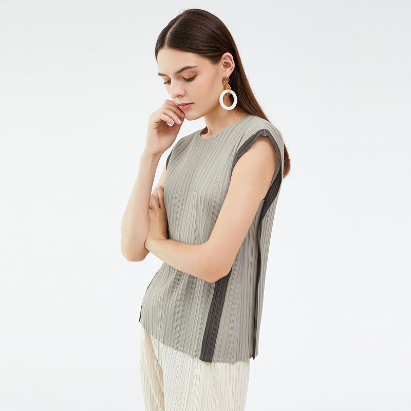 Patchwork Top Design Sense round Neck Pleated Loose T-shirt Women's Casual