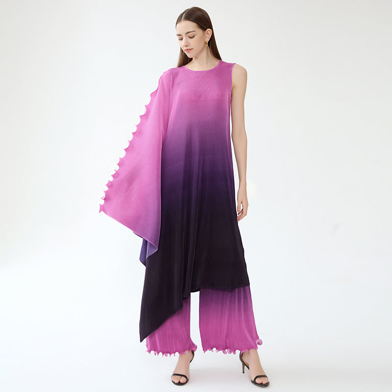Cross-Border Irregular One-Shoulder Sleeve round Neck Gradient Color Dress Casual Pants Two-Piece Set