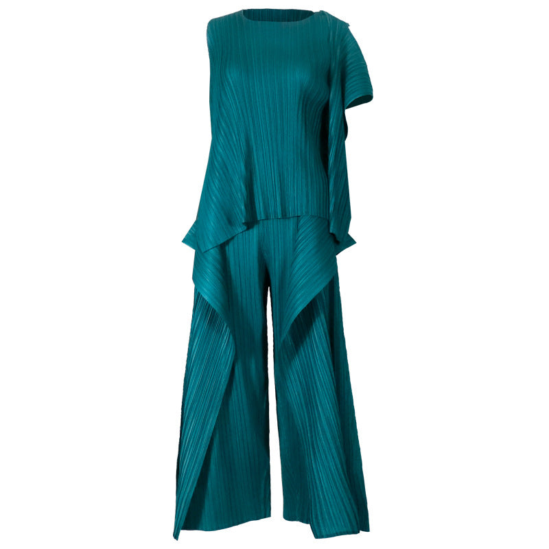 Double-Layer Top Vest Casual Wide-Leg Pants Irregular Fake Two-Piece Suit Women