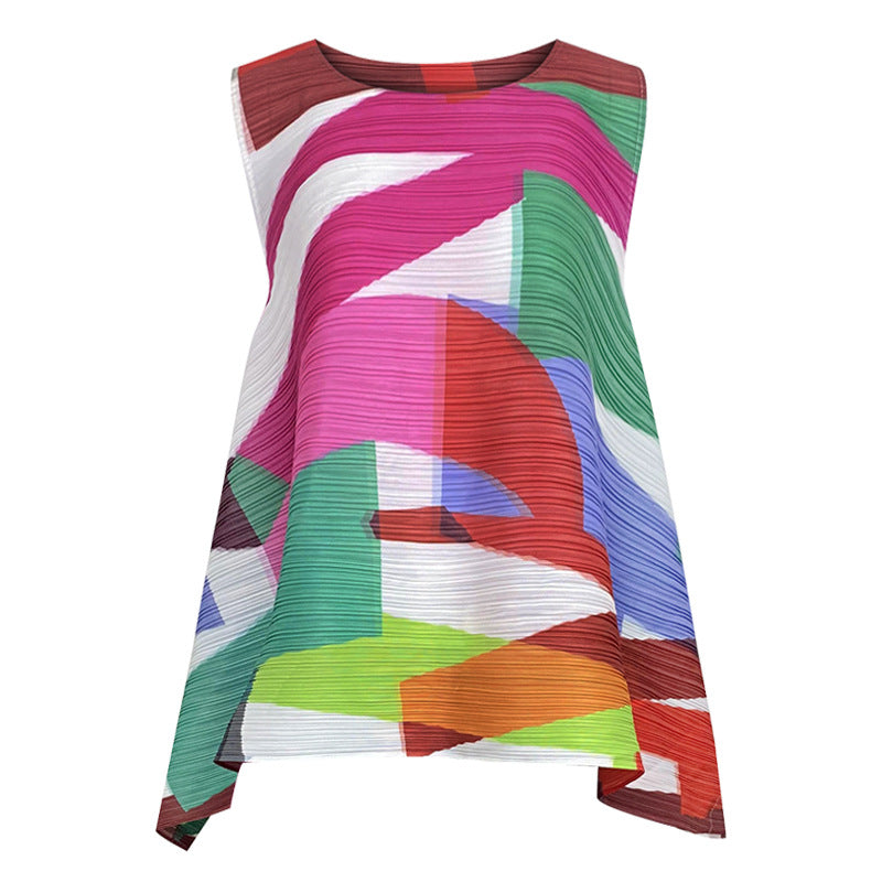 Color Stripes Suit round Neck Sleeveless plus Size Loose Top Ankle-Tied Casual Two-Piece Suit Women