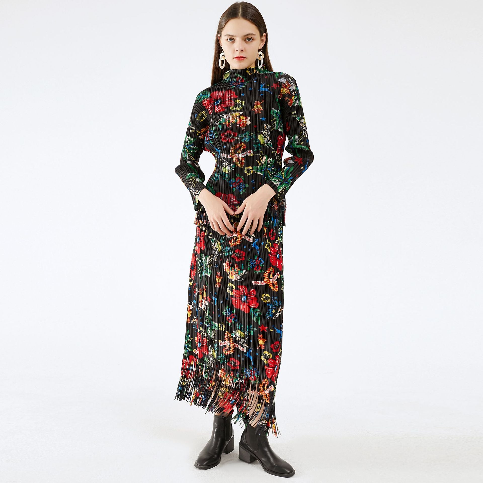 Floral Skirt Elastic Waist All Match Retro Style Pleated Skirt Women's Mid-Length Dress