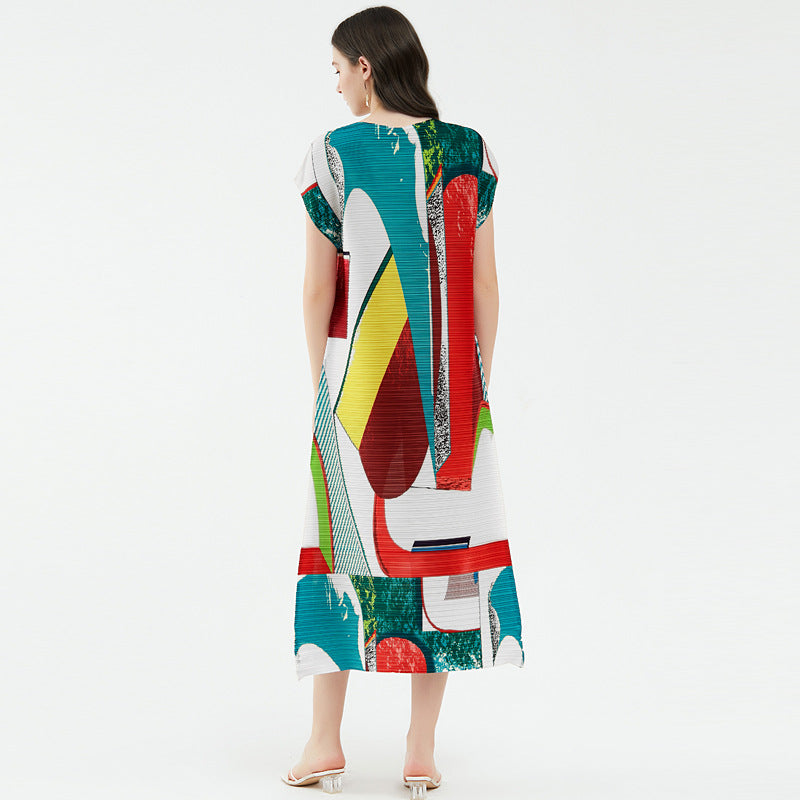 Printed Pleated Short Sleeves Dress Women's Loose Long Dress Design Skirt