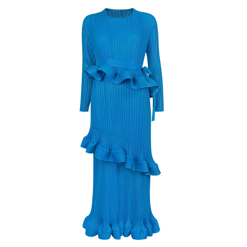 Ruffled Long Sleeve Lace-up Dress Women's Mid-Length Simple Slim Fit Bottoming Skirt