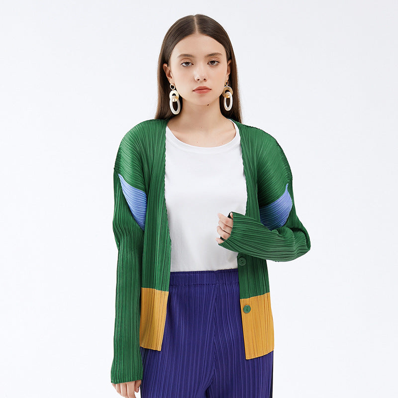 Color Contrast Patchwork Cardigan Long Sleeve Loose Casual Jacket Women's Outer Wear