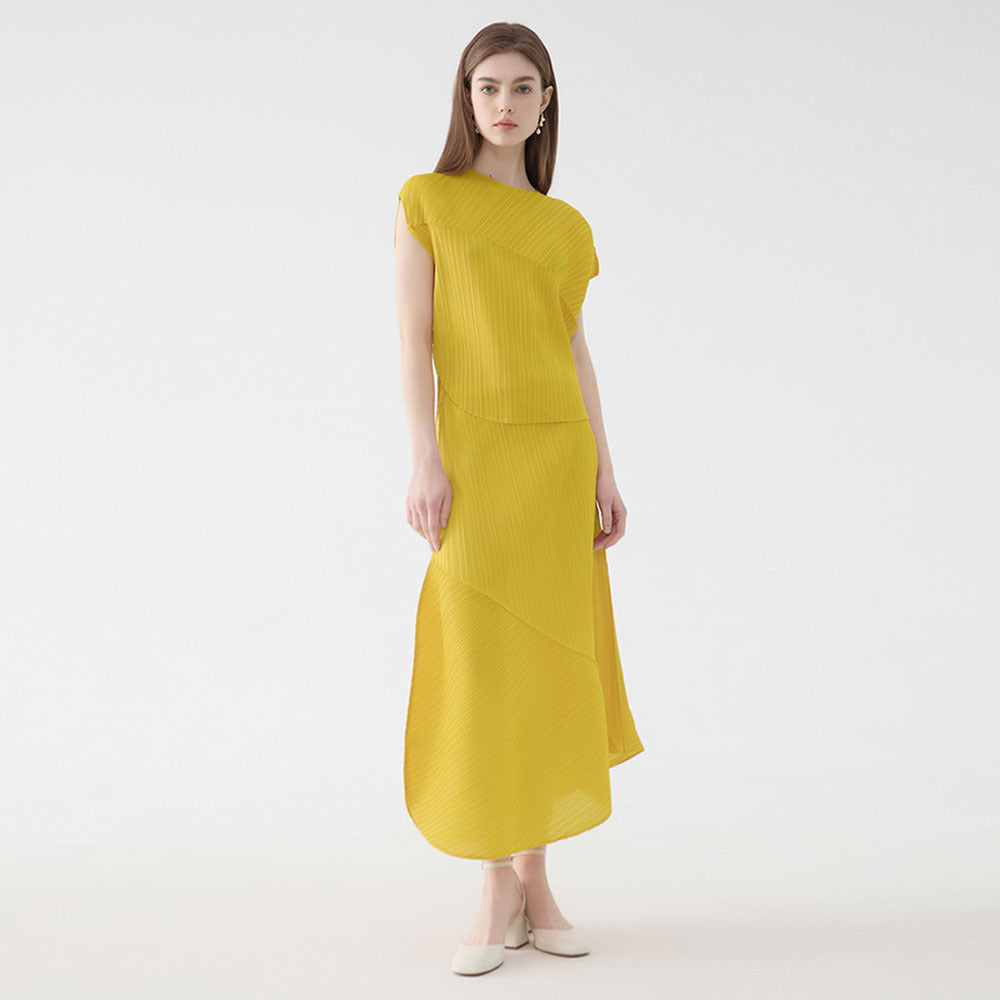 Folding round Neck Sleeve Top Casual Irregular Skirt Solid Color Two-Piece Set for Women