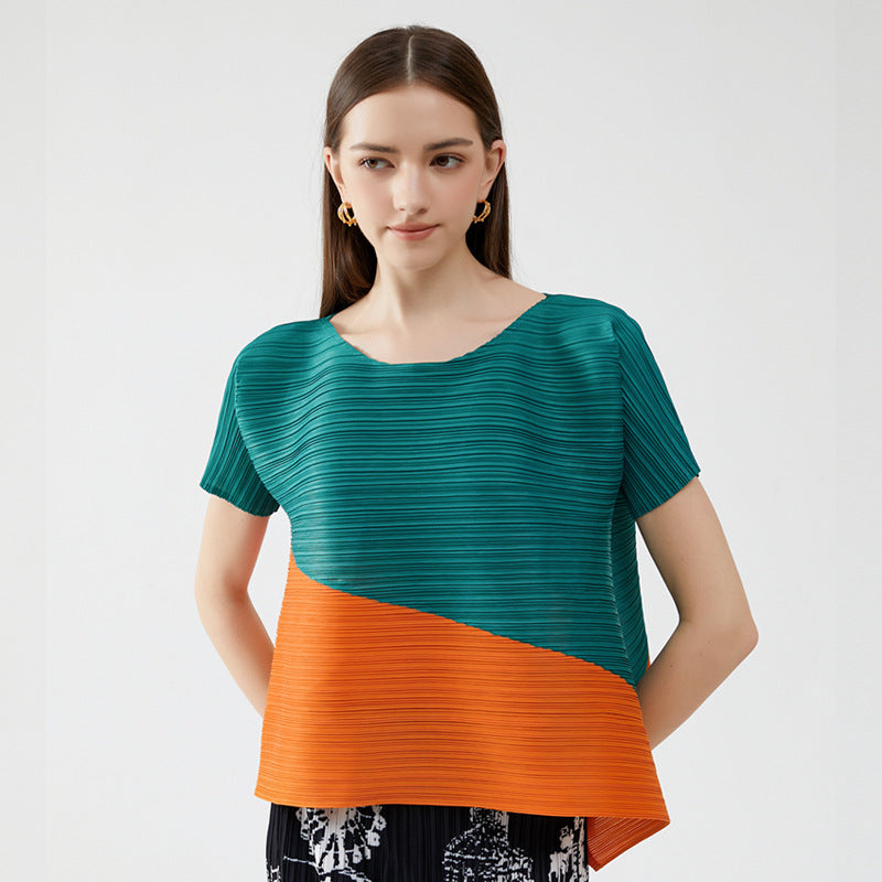 Pleated Design round Neck Short Sleeve Loose Contrast Color Casual T-shirt Top for Women