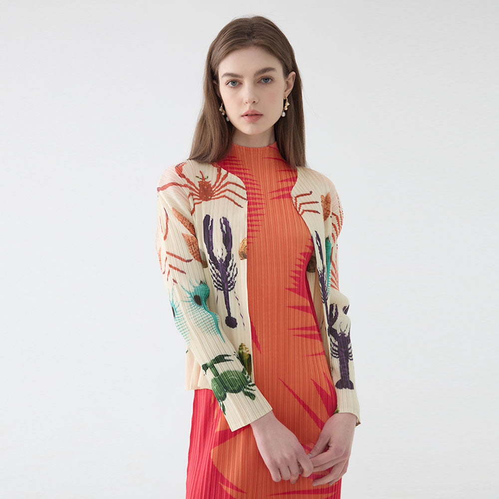 Long Sleeve Sunscreen Coat Women's Lightweight Cardigan Model Top Seafood Printed Shawl Small Coat for Women without Buckle