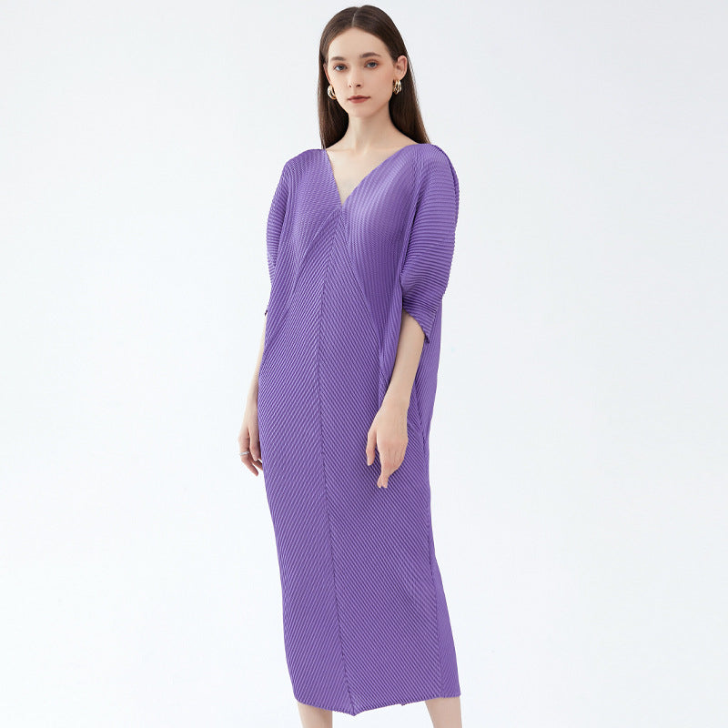 Scale Pleated Dress Mid-Length Five-Quarter Sleeve Elegant Solid Color Dress Women