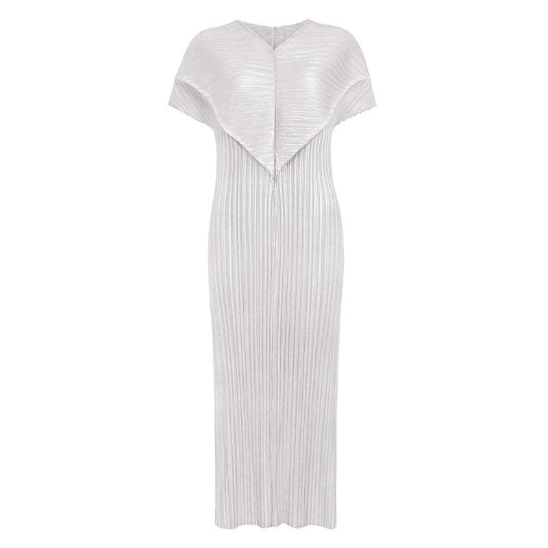 Short Sleeve Skirt Long Heart V-neck Slim Fit Dress Women Pure Color Slimming