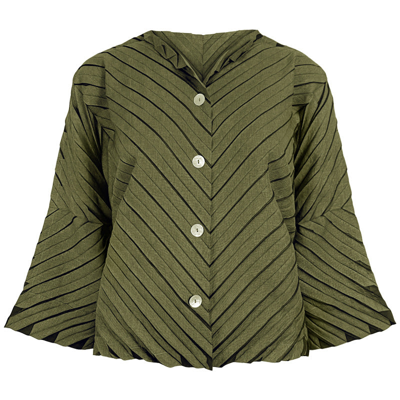 Elegant Versatile Top Unique Inkjet Striped Flared Long Sleeve Pleated Coat for Women