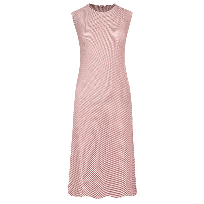 Casual Style Solid Color Asymmetric Skirt round Neck Slim Fit Scale Pleated Dress Women