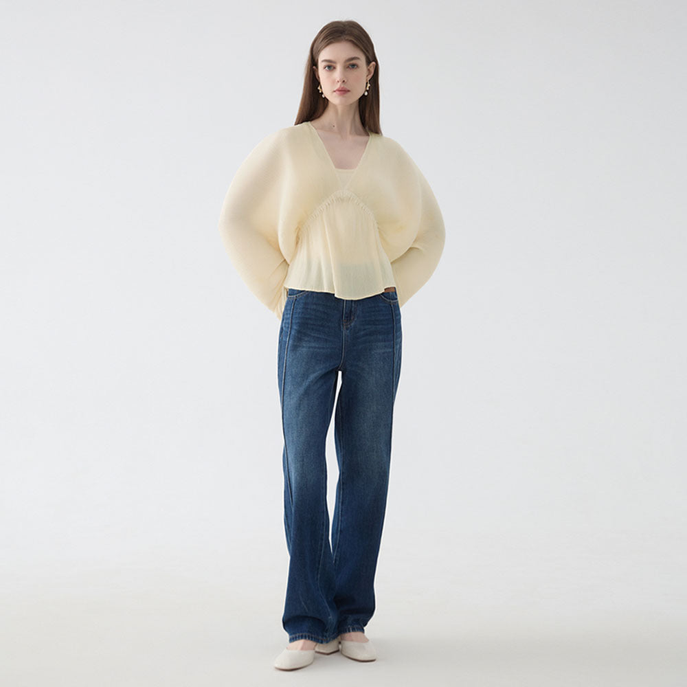 Flare Sleeve Deep V-neck Blouse Women Casual Solid Color Sexy Loose Women Tops