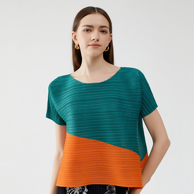 Pleated Design round Neck Short Sleeve Loose Contrast Color Casual T-shirt Top for Women