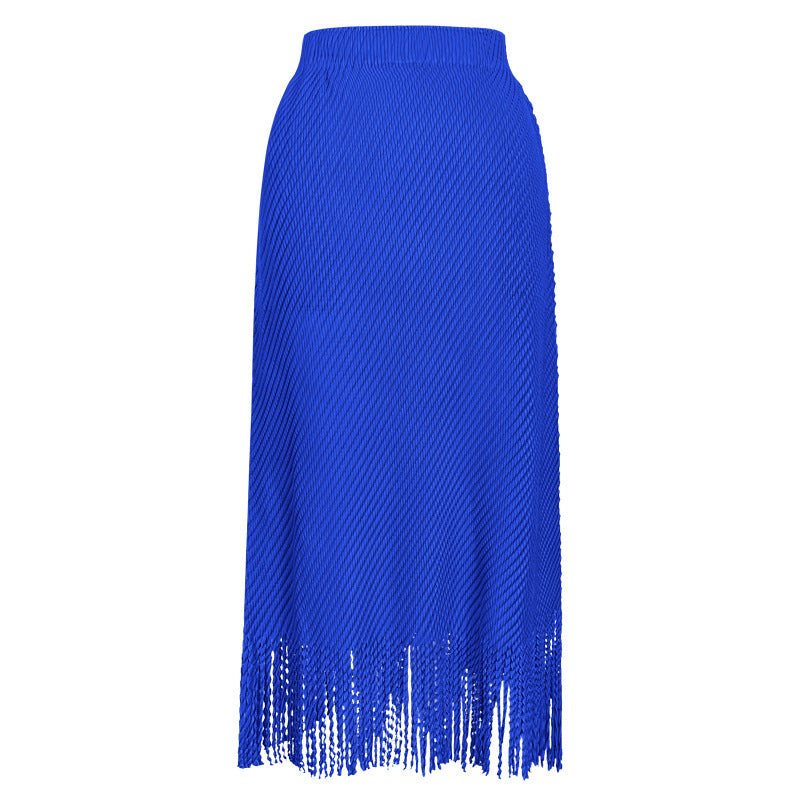 Scale Pleated Waist Pure Color All-Matching Tassel A- line Midi Skirt Women's Multicolor