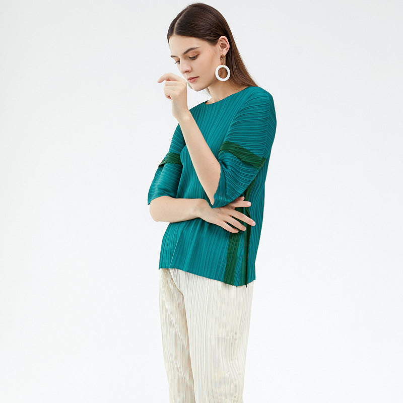 Plus Size Contrast Color Design Simple Loose Patchwork Top Female Summer