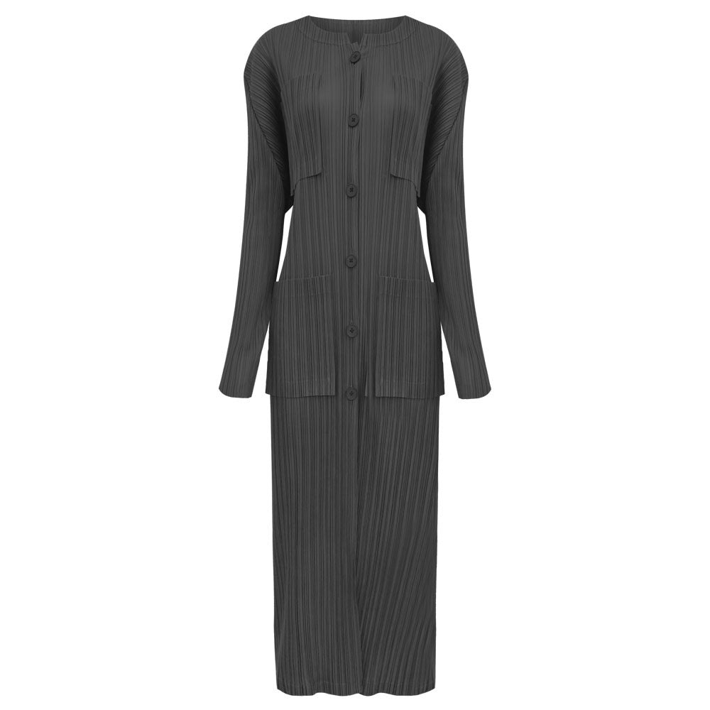 Pleated round Neck Long Sleeve Single-Breasted Slim Pocket Skirt Winter Women's Solid Color Dress