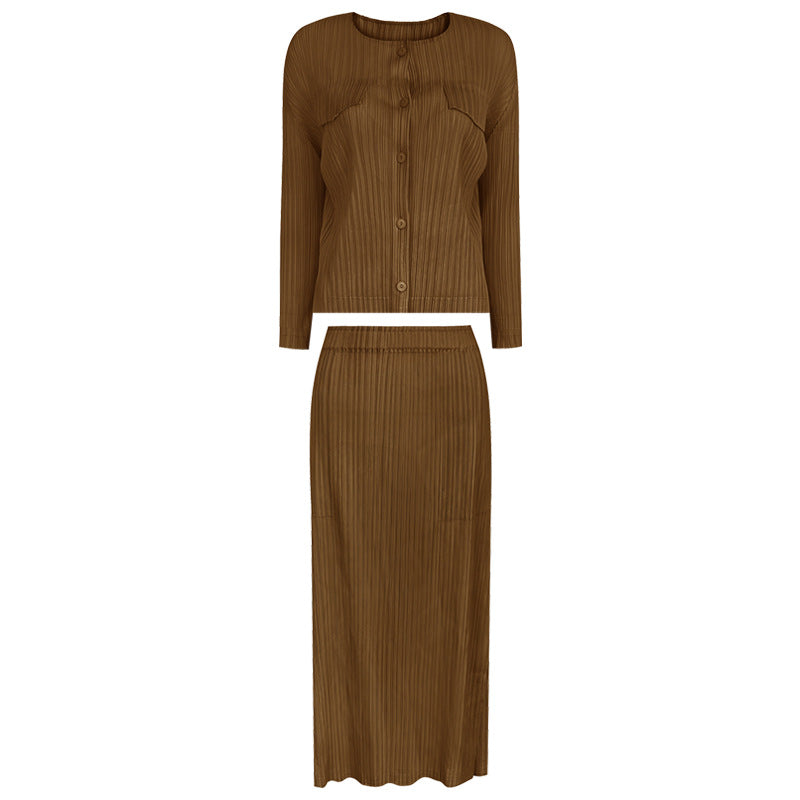 Basic Style Shirt Skirt Two-Piece Set for Women Slit Skirt Sun-Proof Set for Women