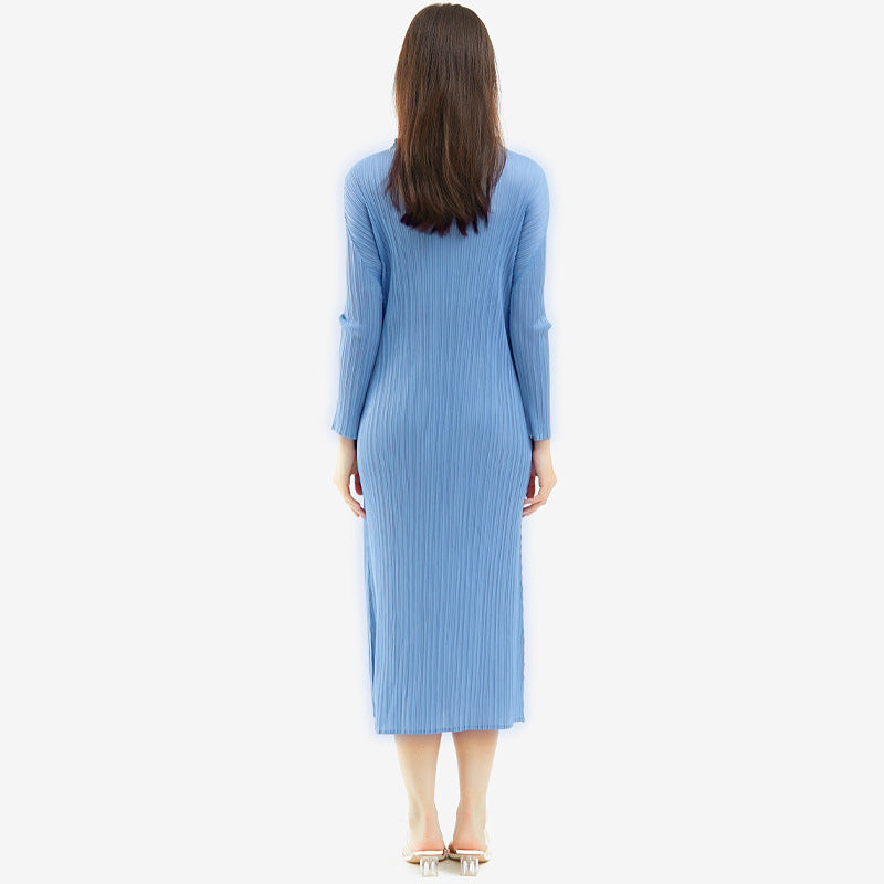 Pleated Elegant Slim Half Collar Dress Long Sleeve Straight Slimming Midi Dress Women
