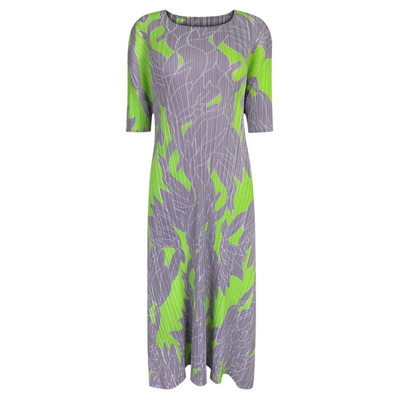 Geometric Printing and Dyeing Loose Casual Pleated Dress Mid-Length Split Temperament Dress