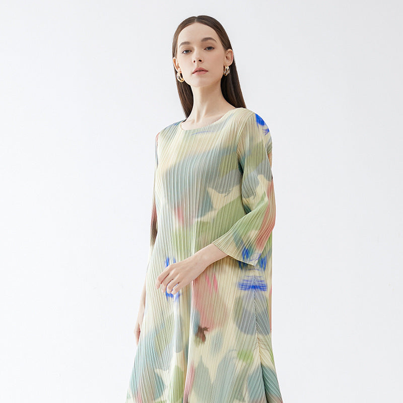 Crew Neck Split Dress Women's Slim Fit Slimming Chinese Ink Style Printed Comfortable Dress for Women