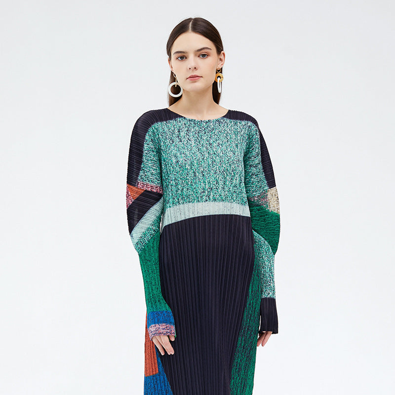 Printed Long Dress Niche Contrast Colors Slimming Long Sleeve Dress Women